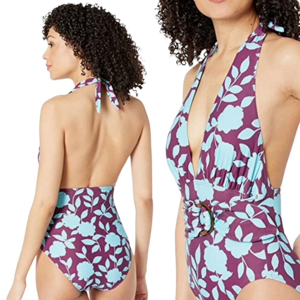 Kate Spade Belted Plunge One Piece Floral Swimsuit